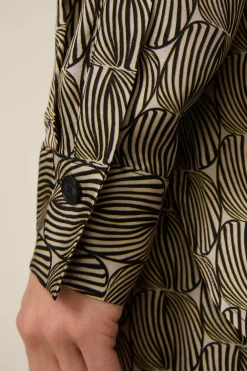 Print-Hemdbluse Aus Viskose In Schwarz-Beige Gemustert