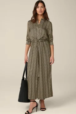 Print-Hemdblusen-Kleid Aus Viskose In Schwarz-Beige Gemustert