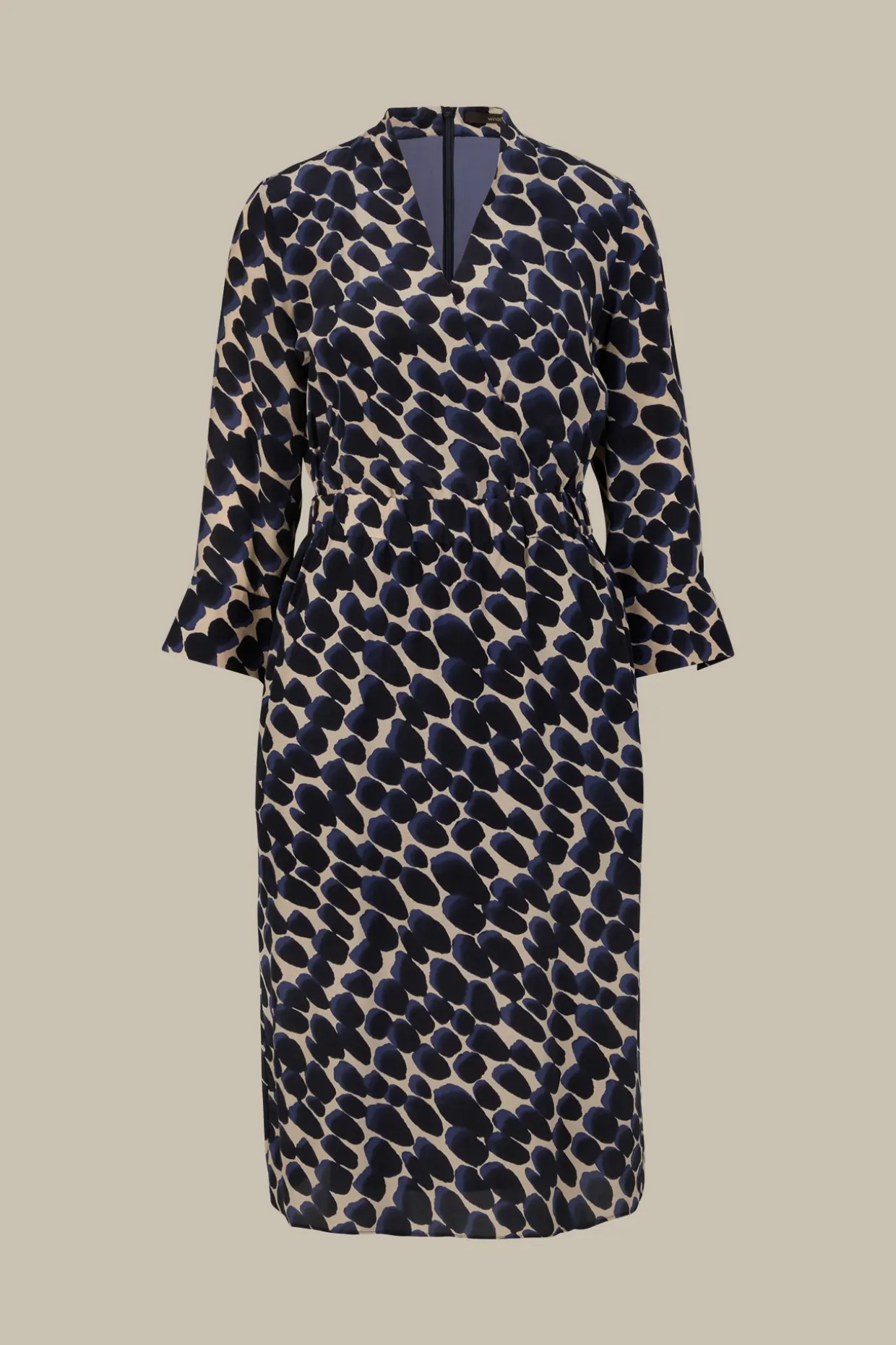 Viskose-Seidenmix-Wickel-Kleid In Navy-Beige Gemustert