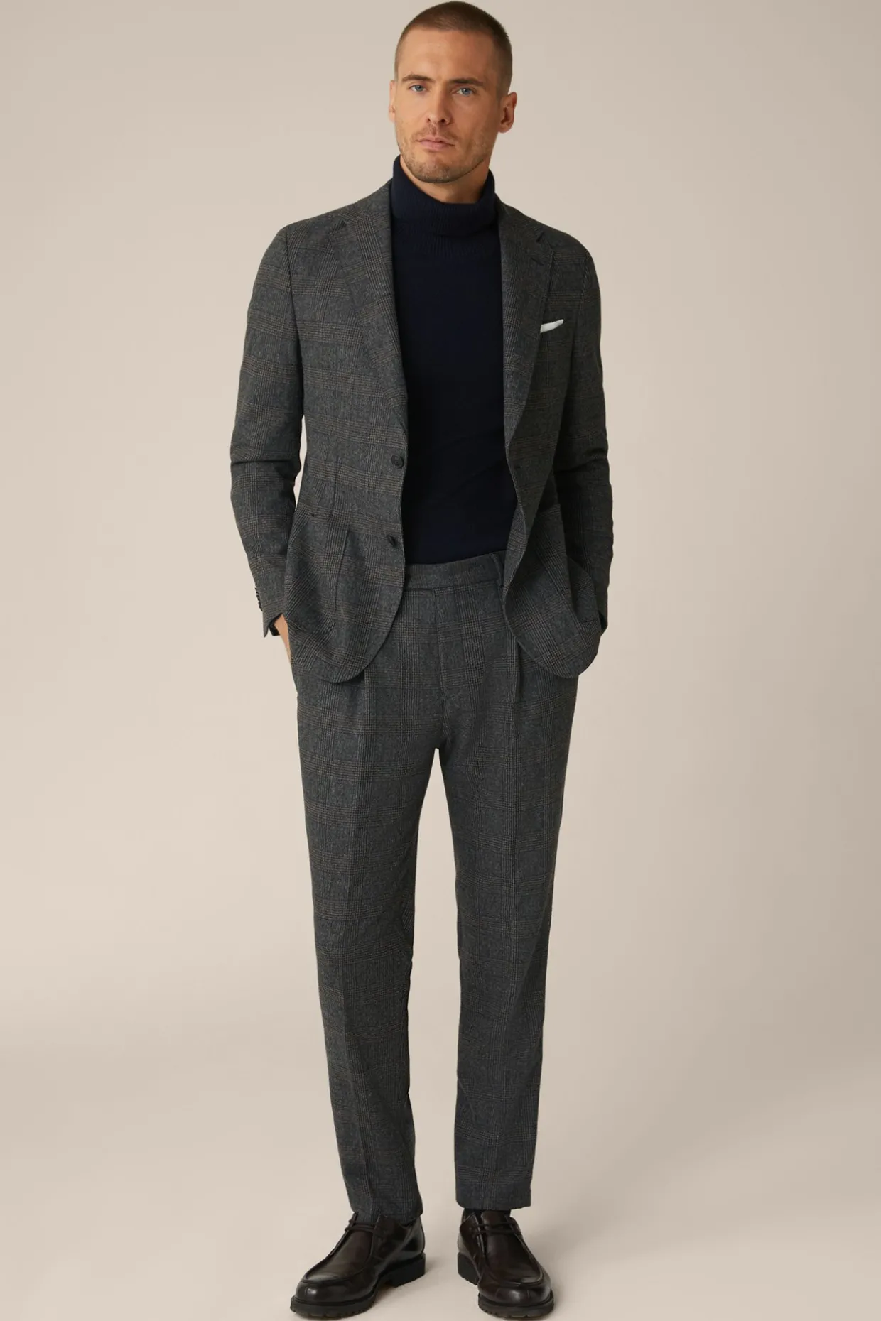 Wollmix-Baukasten-Hose Frero Mit Bundfalte In Anthrazit-Blau Check